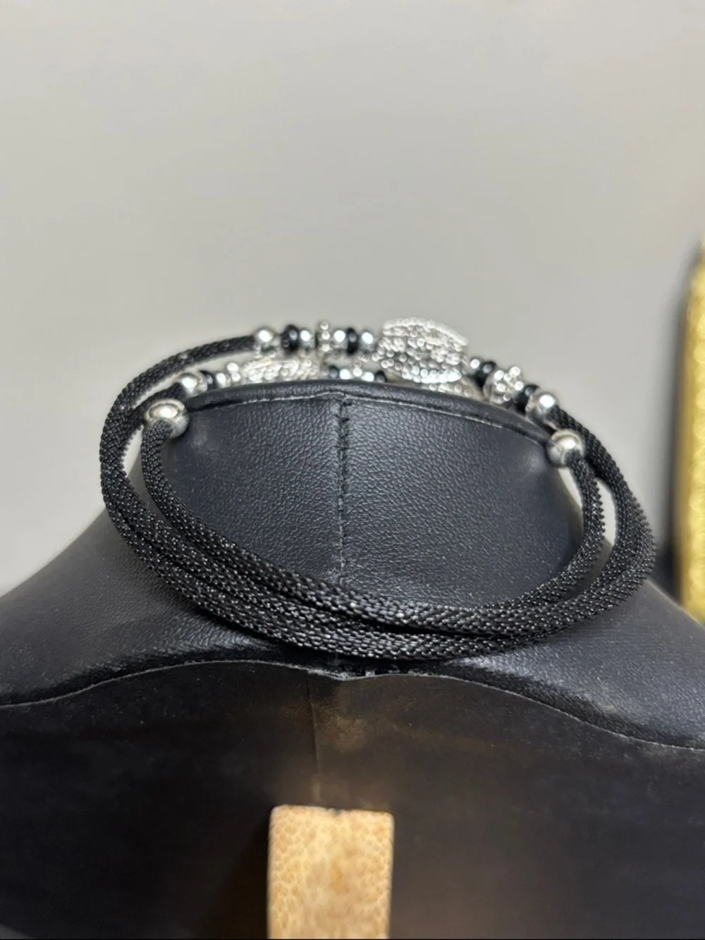 Silver-Tone Floral Bead Black Wire Wrap Adjustable Elegant Bracelet
